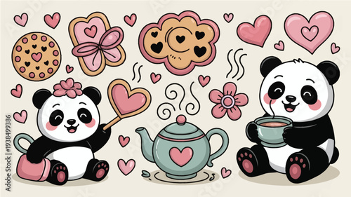 Cute Pandas Enjoying Tea and Cookies with Hearts.