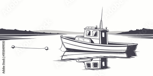 A serene scene of a small boat anchored near the shore with a distant view of the horizon Vector