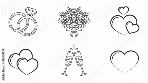 Collection of six wedding and romance related icons.