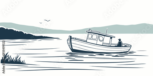 A small boat sails on a calm lake with a distant mountain range. Vector