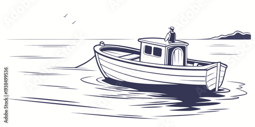 A small boat with a cabin cruises on a calm body of water near a rocky shore. Vector