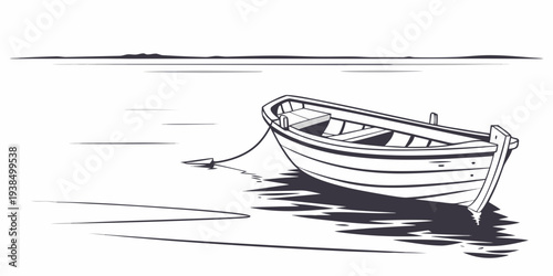 A single rowboat gently floating on a calm body of water under a clear sky. Vector