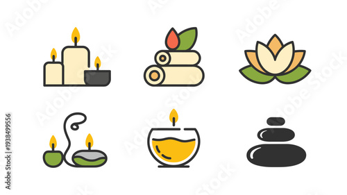 Set of Spa and Wellness Icons with Candles Stones and Lotus Flower.