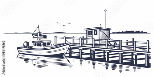 A bustling harbor scene with boats, docks, and buildings in the background. Vector