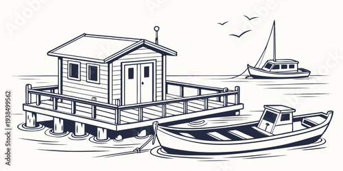 A serene lakeside scene with a charming house and a small boat. Vector