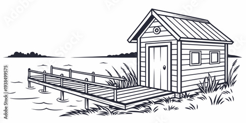 A rustic wooden cabin nestled in a serene, snow-covered landscape with a cozy chimney. Vector