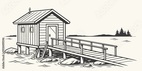 A quaint wooden cabin nestled in the woods with a rustic dock extending over a serene lake. Vector