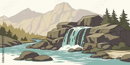 Majestic waterfalls cascading down a rocky cliff into a serene mountain lake Vector