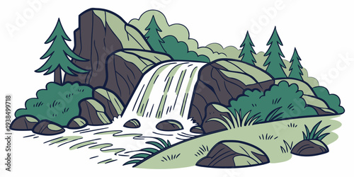 A majestic waterfall cascading down a rocky cliff surrounded by lush greenery. Vector