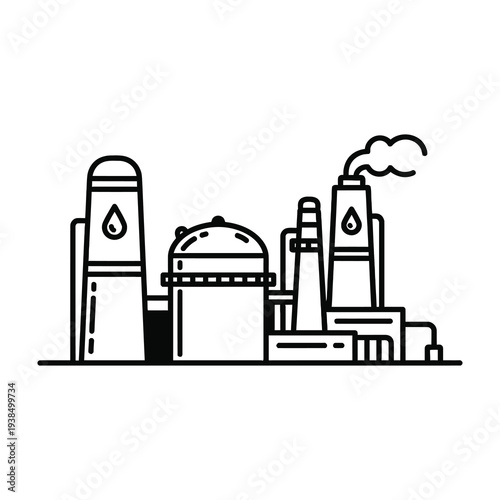 Industrial refinery plant with oil droplet symbols on towers black line art on white background representing petroleum processing facility