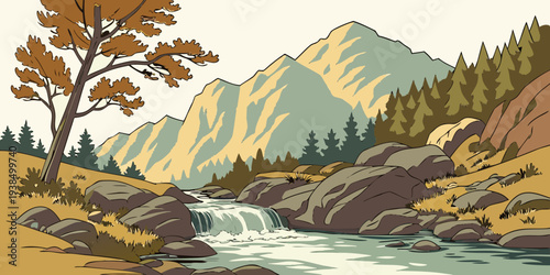 A serene autumn landscape with a flowing river and majestic mountains in the background Vector