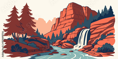 A serene landscape featuring a waterfall cascading down a rocky cliff surrounded by lush greenery and trees Vector