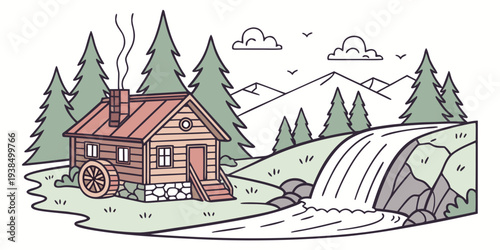 A picturesque cabin nestled in the mountains with a winding road and trees. Vector