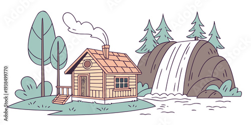 A charming cabin nestled in the woods with a picturesque waterfall nearby Vector