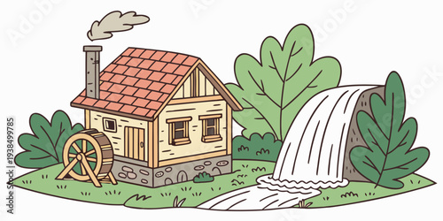 A picturesque countryside scene with a charming house and a serene waterfall Vector