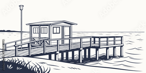 A detailed illustration of a large, multi-story building with intricate architectural details. Vector