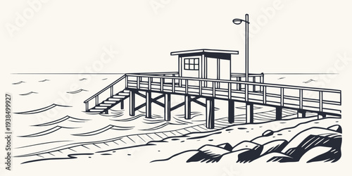 A serene beach house with a view of the ocean and a nearby lighthouse. Vector
