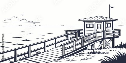 A serene coastal scene with a lighthouse standing tall on a rocky shore. Vector