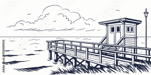 A picturesque wooden pier extending over calm waters with a boat nearby Vector