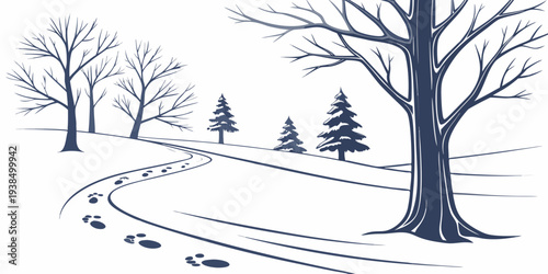 A serene winter scene with a winding path and tall trees covered in snow Vector