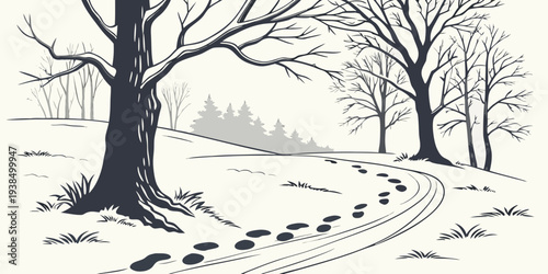 A serene winter scene with a winding path through snow-covered trees Vector