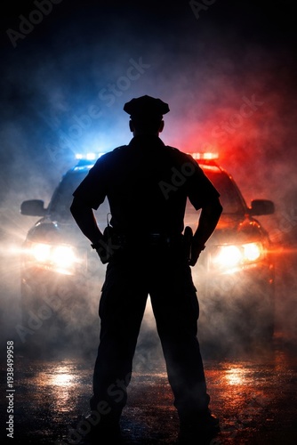 Police officer silhouette standing before patrol car with flashing lights. Dramatic and authoritative mood in smoky night setting. Perfect for law enforcement or public safety materials.