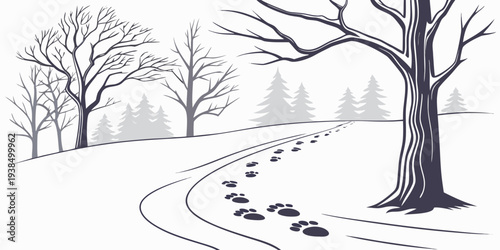 A serene winter scene with snow-covered trees and a winding path Vector