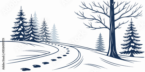 A serene winter landscape with a winding path through a forest of tall trees Vector