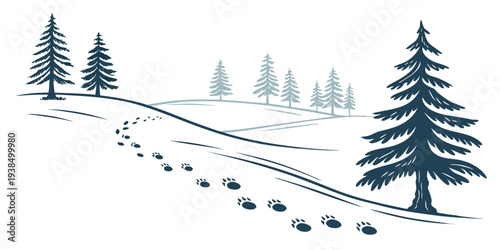 A serene winter landscape with snow-covered trees and a winding path. Vector