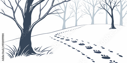 A serene winter scene with a single tree standing tall in a snowy landscape Vector