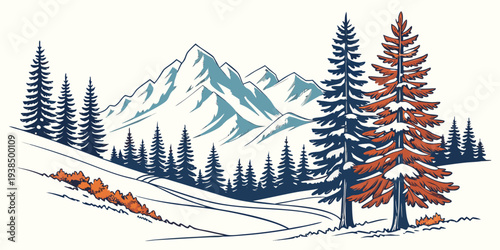 A picturesque winter scene with snow-covered mountains and a skier enjoying the slopes. Vector