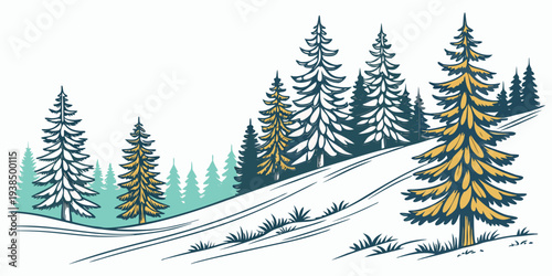 A picturesque winter landscape with snow-covered trees and a winding road Vector