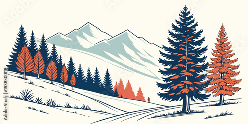 A picturesque winter landscape with snow-covered mountains and pine trees. Vector