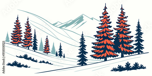 A picturesque winter landscape with snow-covered trees and a mountain range in the background Vector