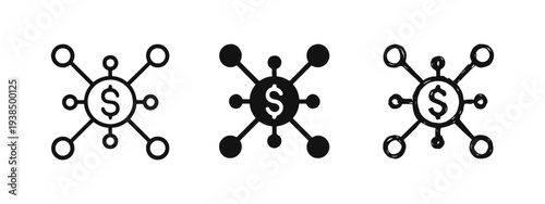 Decentralized finance and money network icon set. Financial hub, investment, and currency distribution concept.