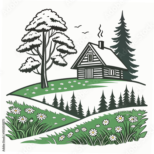 A serene countryside scene with a charming house nestled among tall trees and lush greenery Vector