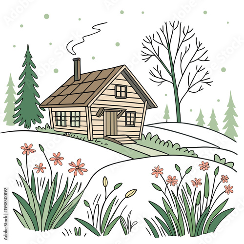A charming countryside house surrounded by vibrant flowers and trees Vector