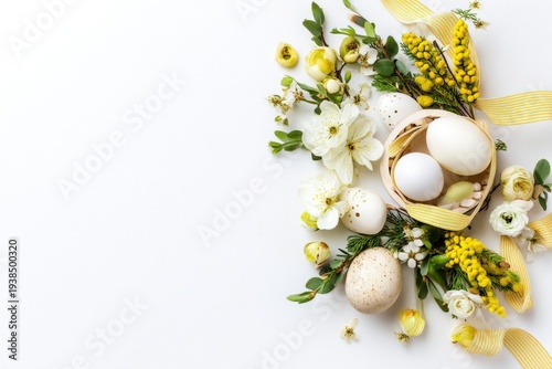 Easter eggs and spring flowers with yellow ribbon arranged on white background with copy space,