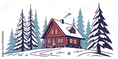 A picturesque winter scene featuring a cozy cabin nestled among tall pine trees Vector