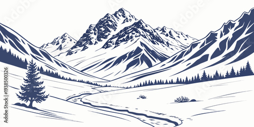 Majestic mountains rise above a serene valley in a breathtaking landscape Vector