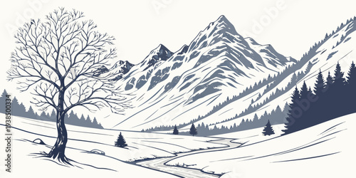 A serene landscape featuring a lone tree on a mountain slope with a clear sky Vector
