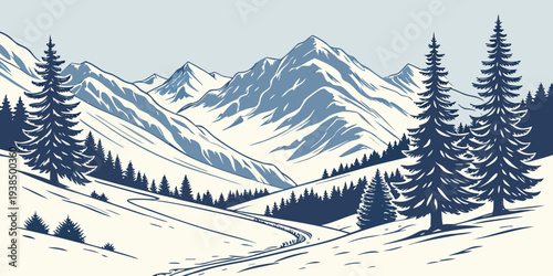 Majestic snow-covered mountains rise above a serene, misty valley in this captivating landscape artwork Vector