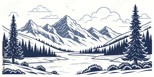 Majestic mountain range with snow-capped peaks and a serene lake below Vector