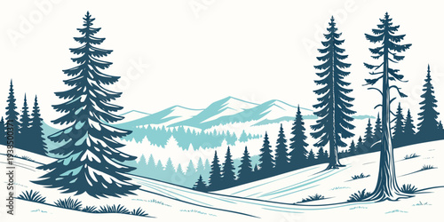 A serene winter landscape with snow-covered trees and a tranquil river in the background Vector