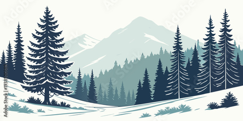Winter landscape with snow-covered trees and distant mountains under a clear sky Vector