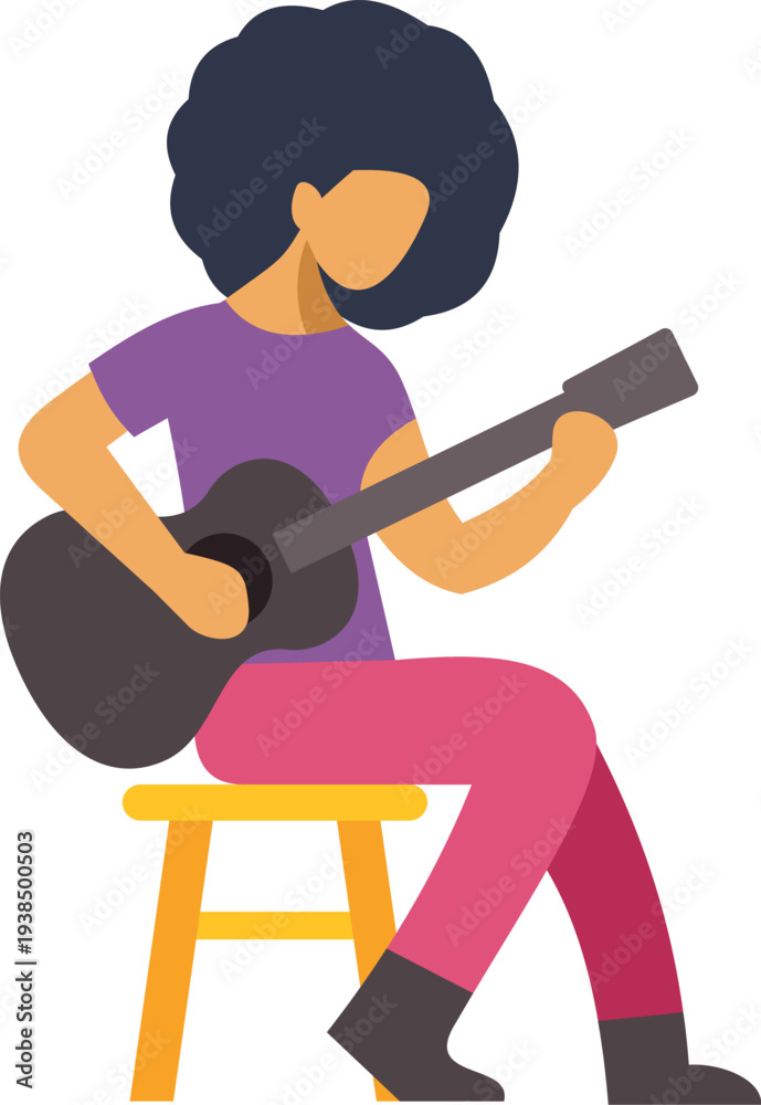 Fototapeta premium Female musician with afro hairstyle performing music on a guitar