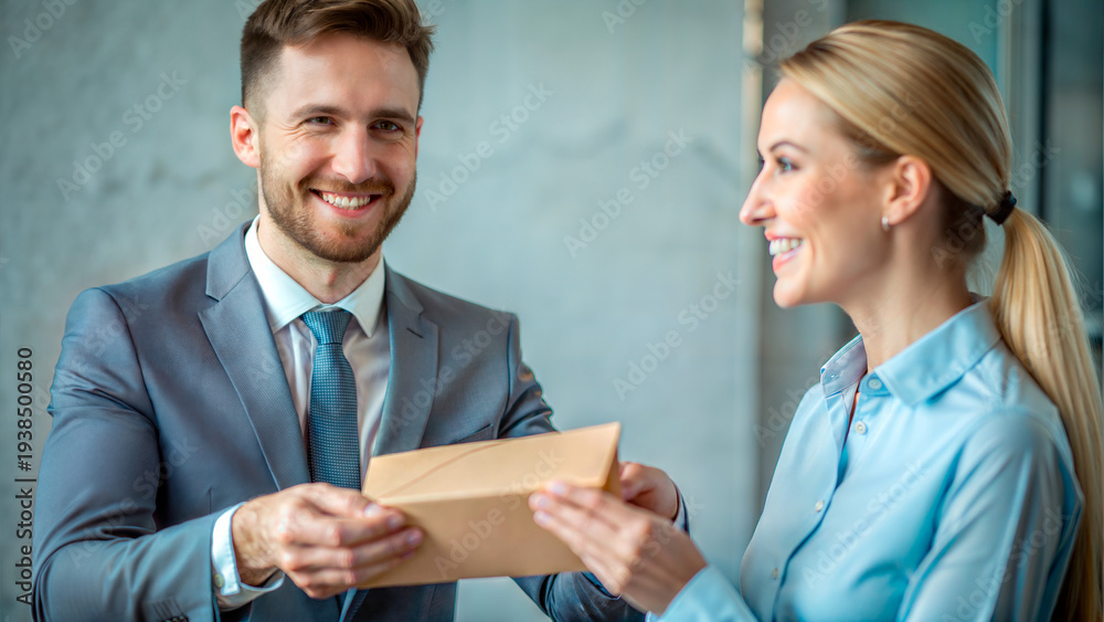 Fototapeta premium Colleagues exchanging envelopes with smiles in a modern office setting