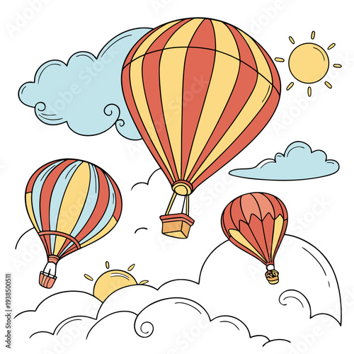 Colorful hot air balloons floating in a sky filled with clouds and sunshine Vector