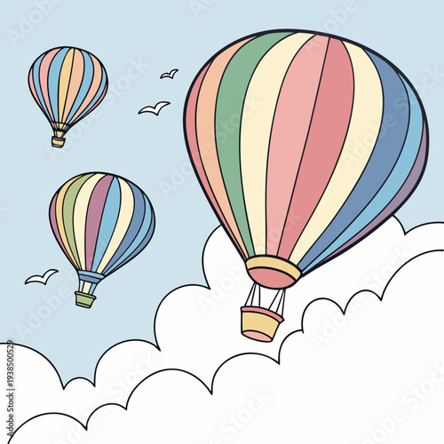 Three colorful hot air balloons floating above a cloudy sky Vector