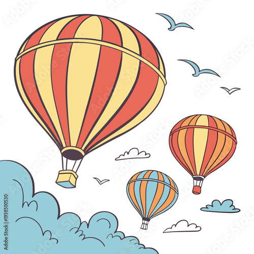 Three colorful hot air balloons floating above a cloudy landscape Vector